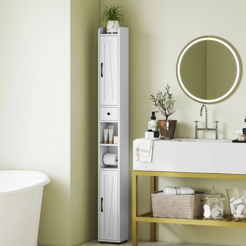 HOMCOM Armoire salle de bain haute, meuble de rangement colonne, 2 portes, tiroir, étagères réglables, 20x20x185cm, blanc