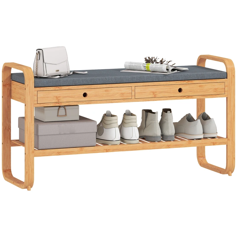 HOMCOM Shoe Bench with 2 Drawers Cushioned Seat Shoe Storage Bench for Hallway 105 cm Natural and Grey