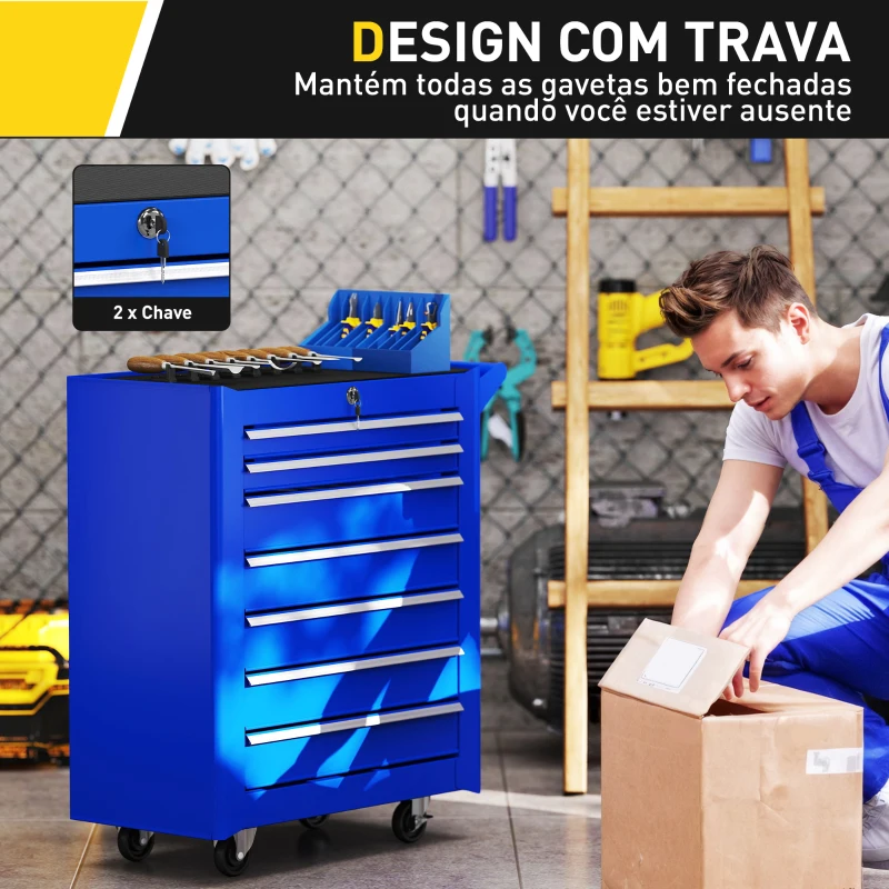 DURHAND Carrinho de Ferramentas com 7 Gavetas Carrinho de Oficina com Fechadura Pega 2 Rodas com Travão 69x33x75 cm Azul