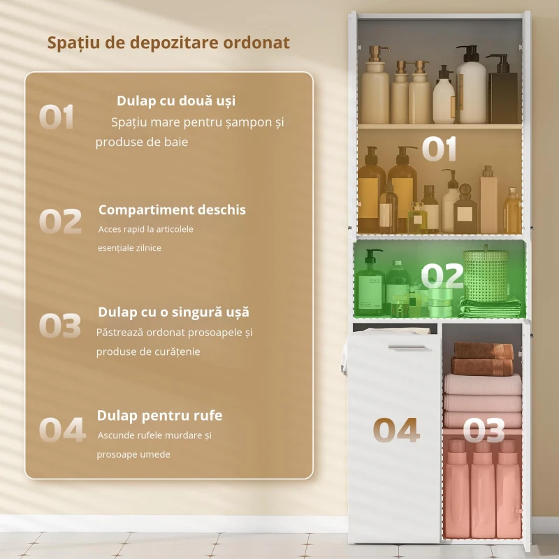 HOMCOM Dulap de baie înalt de 174 cm cu coș de rufe basculant și uși Soft-Close, Alb