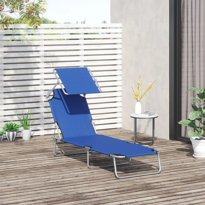 Outsunny Transat Bain de Soleil Pliable Chaise Longue Pliante Grand Confort Dossier Inclinable Multi-positions et Pare-Soleil réglable Dim. 187L x 58l x 36H cm Bleu