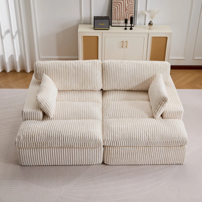 Doppelter Chaiselongue-Sessel für den Innenbereich, übergroße gepolsterte Cloud-Schlafcouch, luxuriöses Schlafsofa mit tiefem Sitz, Sofa-Chaiselongue mit Anbausofa, Lesesessel aus Cord für das Wohnzimmer, kein Zusammenbau erforderlich, weiß