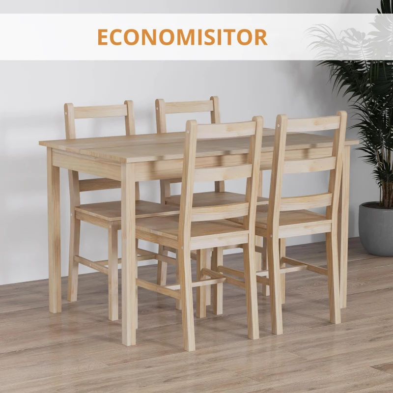 HOMCOM Set de masă 5 piese, masă cu scaune, lemn masiv, 118 cm x 73 cm x 75 cm, natur