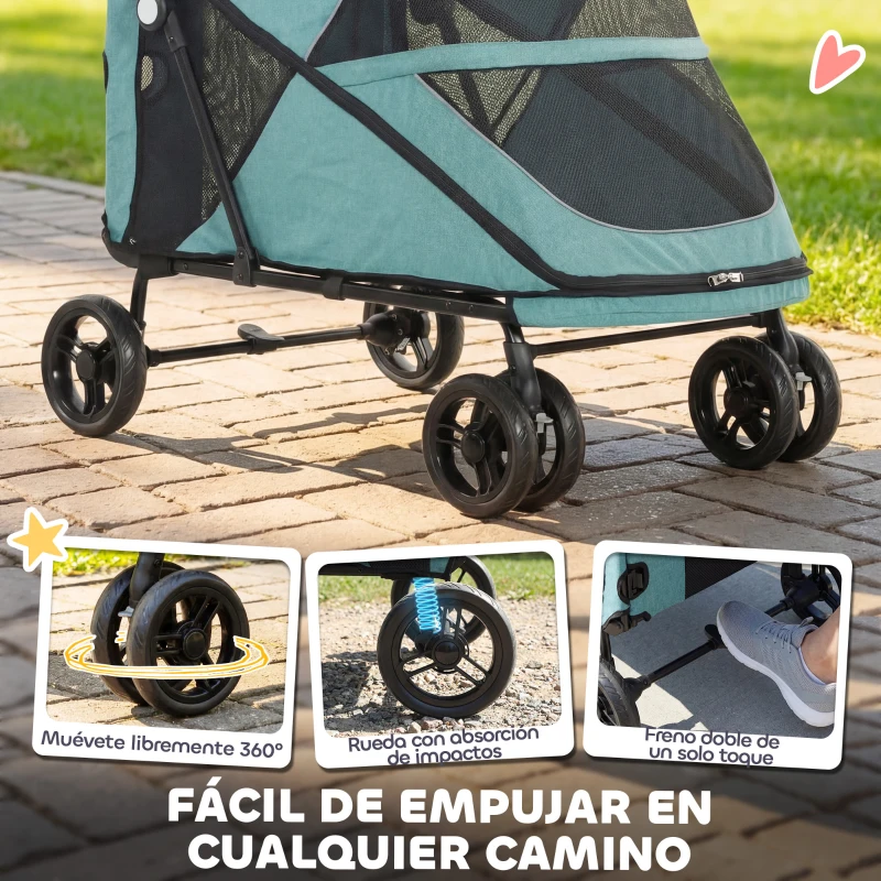 PawHut Carrito para Perros Plegable con un Botón hasta 30 kg con Suspensión en 4 Ruedas Giratorio y Freno de Pie Turquesa