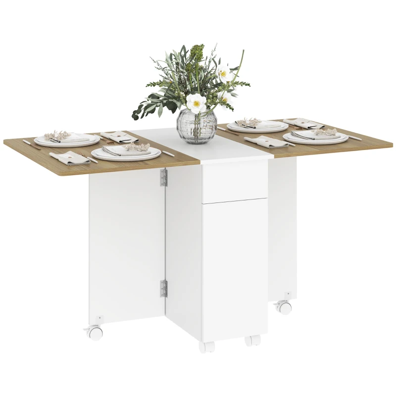 HOMCOM Table à manger pliable pour 6 personnes, table de cuisine sur roulettes avec 2 tiroirs 2 placards, 140x76x74cm, blanc