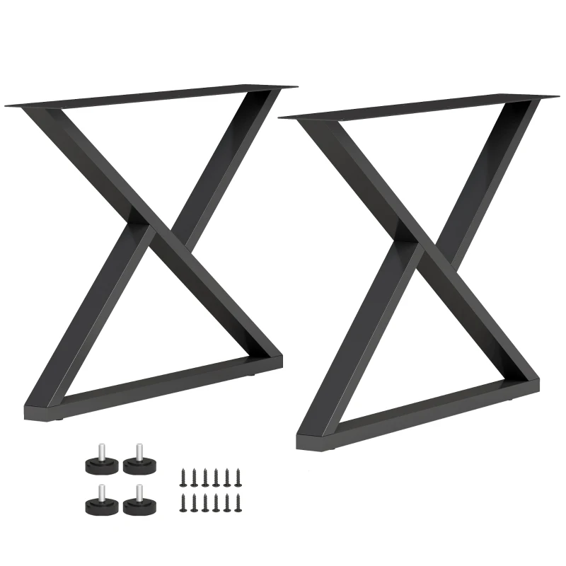HOMCOM Set 2 Gambe per Tavolo in Acciaio a Forma di X, con 12 Viti e 4 Piedini Regolabili, Stile Industriale, Nero