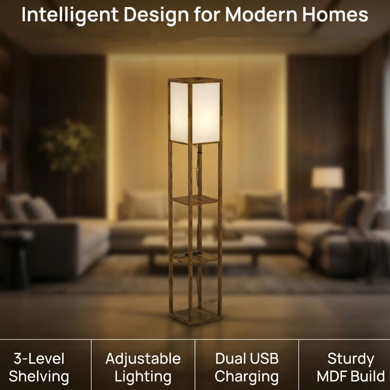 HOMCOM LED staande lamp met planken, vloerlamp met voetschakelaar en USB-poorten, instelbare kleurtemperaturen, rustiek bruin