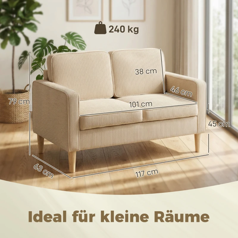 HOMCOM Sofa 2-osobowa z 2 poduszkami, schowkiem, na drewnianych nogach, mała, nowoczesna, sztruksowa, 117 x 63 x 79 cm, beżowa