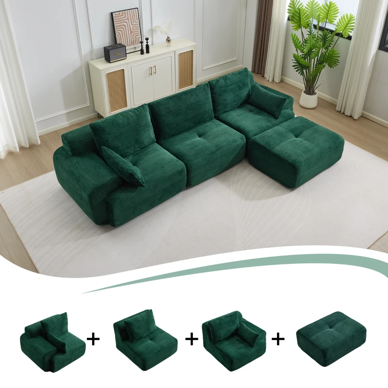 Modernes Sofa aus komprimiertem Memory-Schaumstoff, große Sofagarnitur für das Wohnzimmer, haustierfreundliches modulares Sofagarnitur Cloud, Cordstoff, kein Zusammenbau erforderlich, grün
