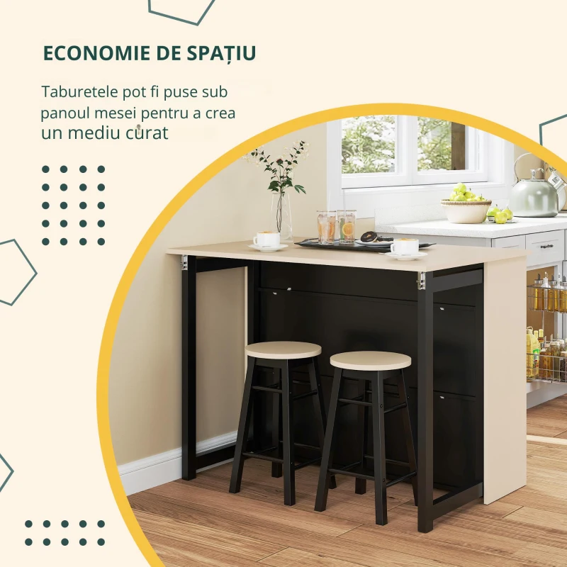 HOMCOM Set de bar 3 piese, Masă de bar cu placă pliabilă, 2 scaune de bar, 6 compartimente de stocare, negru+stejar, 116 x 70 x 89,5 cm