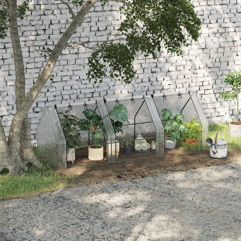Outsunny Mini Garden Greenhouse mini tunnel greenhouse 270L x 90l x 90H cm pointed roof Steel PE High-density 140 g/m² UV-resistant roll-up windows with Zip White