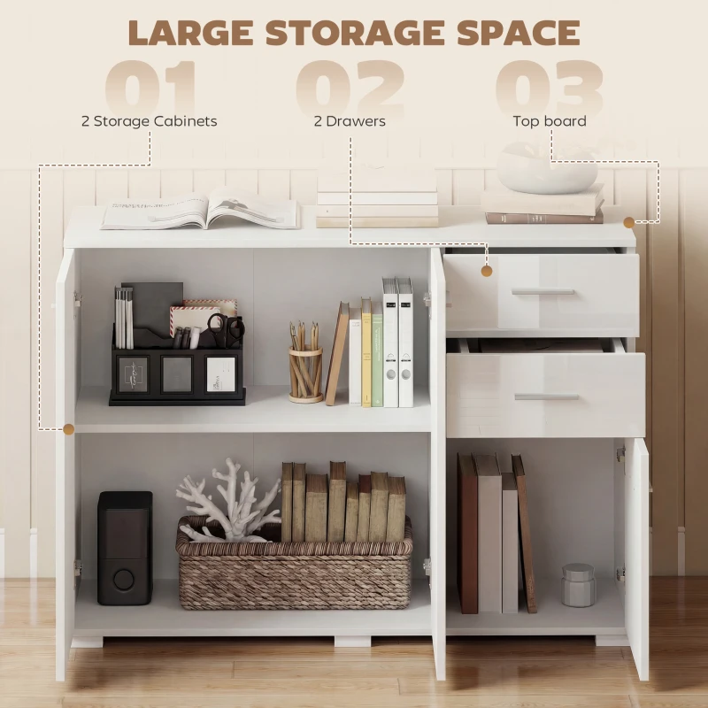 HOMCOM Sideboard, Modern Storage Cabinet with 2 Drawers, 3 Doors and Adjustable Shelves, High Gloss White