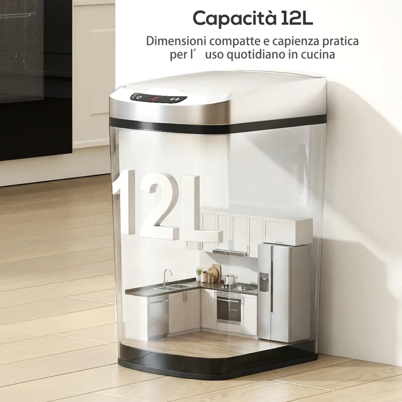HOMCOM Cestino Rifiuti da 12L a Infrarossi con Secchio Rimovibile, in Acciaio Inox, ABS e PP, 28x22x41 cm, Argento