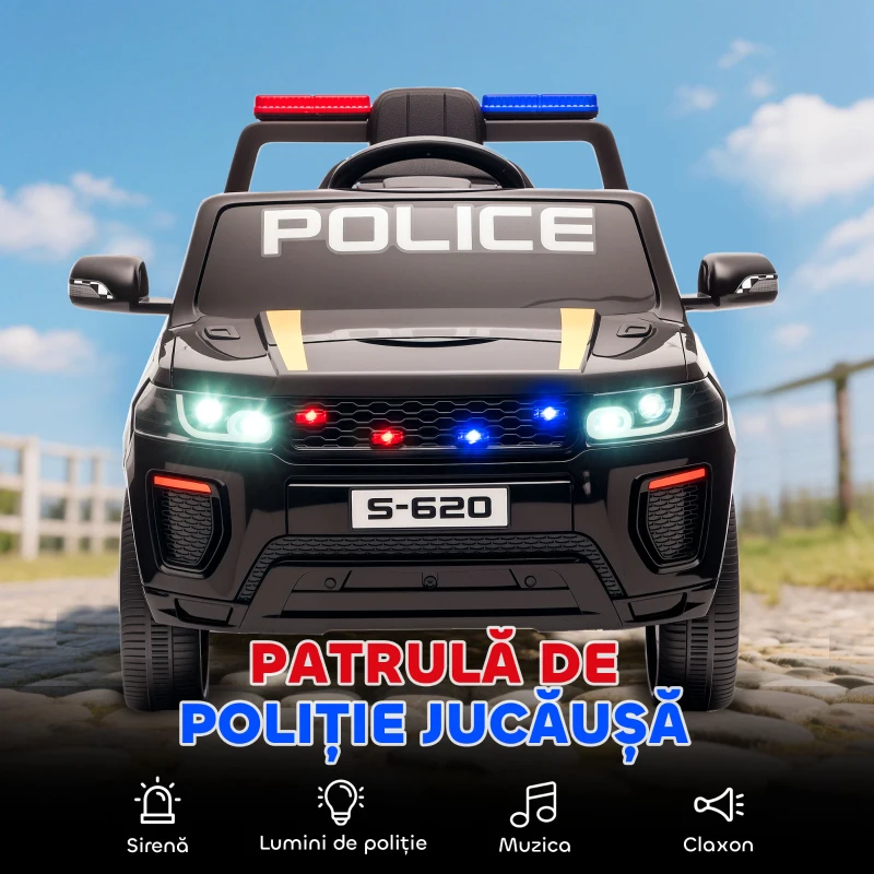 AIYAPLAY Mașină Electrică de Poliție pentru Copii 12V cu Telecomandă, Sirenă și Lumini Intermitente, Vârsta 3-5 Ani, Negru