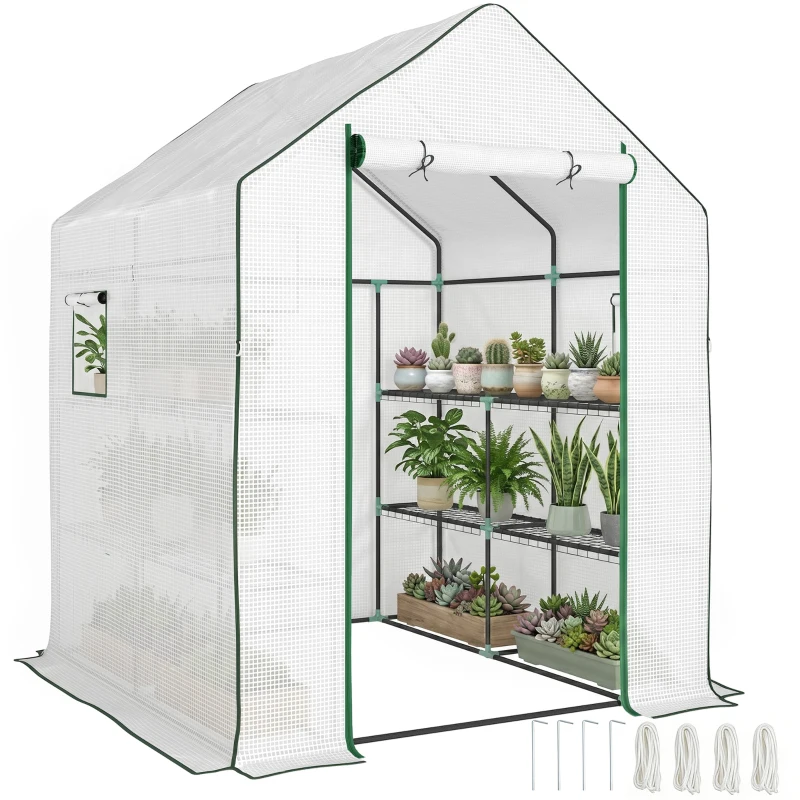 Outsunny Estufa de Jardim Pequena de 3 Níveis com 6 Prateleiras Porta Enrolável e Capa de PE 140x143x190 cm Branco