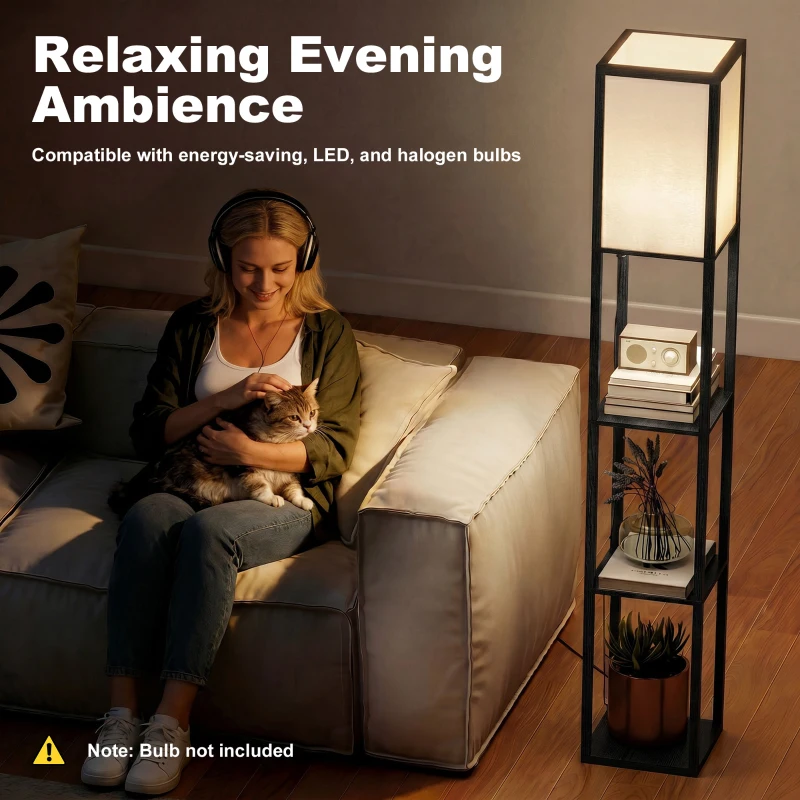 HOMCOM Floor Lamp with Shelves, 3 Layer Column Modern Standing Lamp for Living Room, Bedroom, Office, Bulb not Included, Black