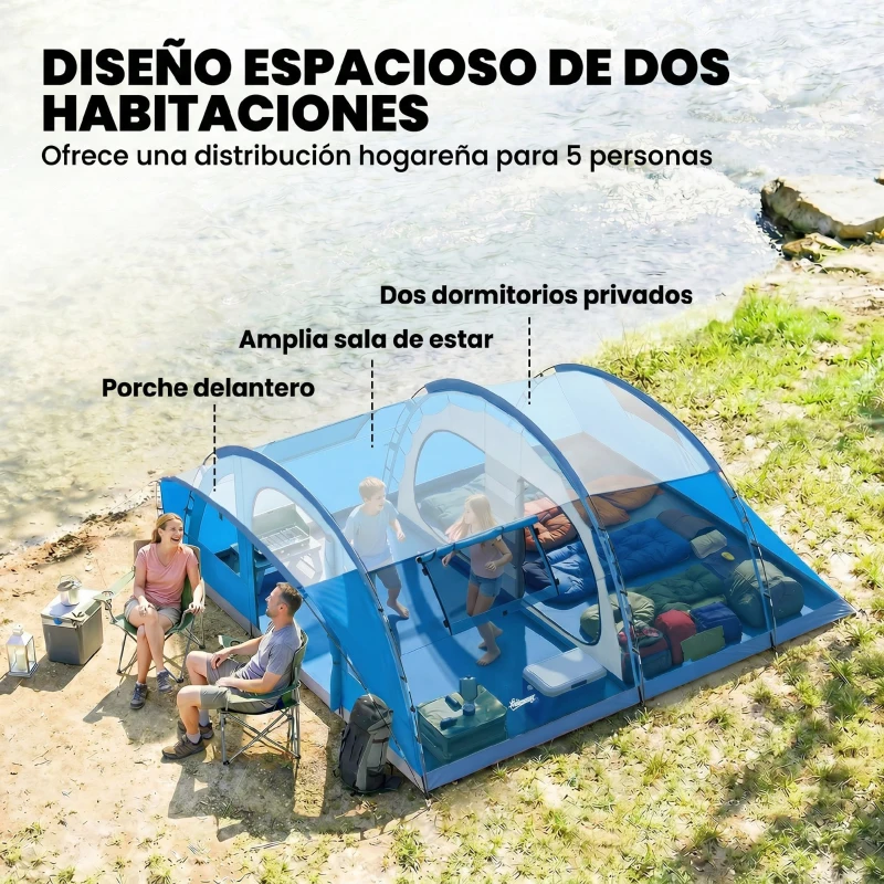 Outsunny Tienda de Campaña Familiar Tipo Túnel para 5 Personas con 3 Habitaciones Puerta 4 Ventanas Impermeable Fácil Montaje