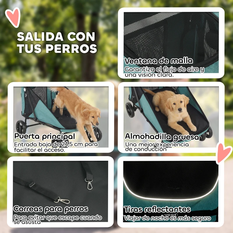 PawHut Carrito para Perros Plegable con un Botón hasta 30 kg con Suspensión en 4 Ruedas Giratorio y Freno de Pie Turquesa