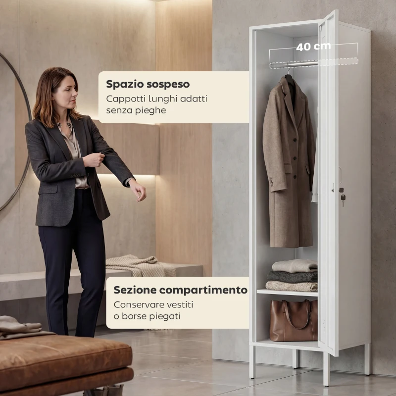 HOMCOM Armadio Metallico con Porta Chiudibile, Portanome e Asta Appendiabiti, 40x40x179 cm, Bianco