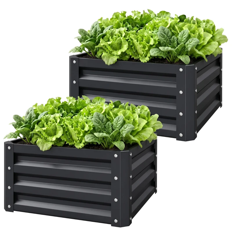 Outsunny Set of 2 Raised Garden Bed, Outdoor Elevated Galvanised Planter Box for Flowers, Herbs, 60x60x30.5cm, Grey
