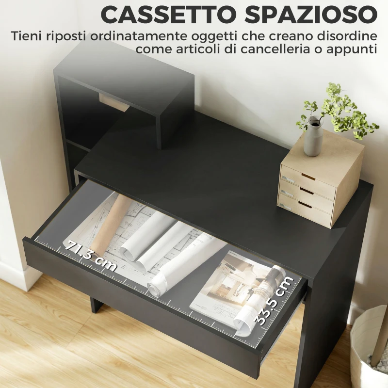 HOMCOM Scrivania PC Moderna con 3 Ripiani Aperti e Cassetto, in Legno Nero, 100x40x90 cm