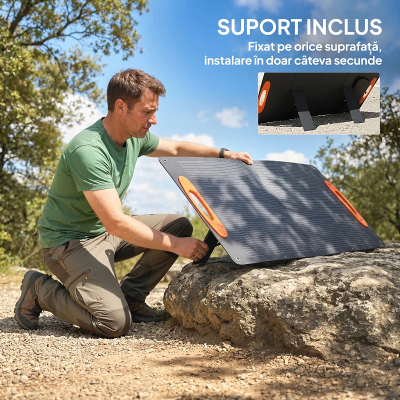 HOMCOM Încărcător Solar 100W, Panou Solar Pliabil cu Conector USB-A și USB-C pentru Încărcare Rapidă, Impermeabil IP67, Negru