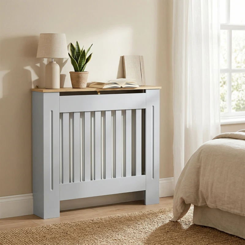 HOMCOM Heater Cover, Radiator Cover Slatted Painted MDF Lined Grill Grey, 78L x 19W x 81H cm