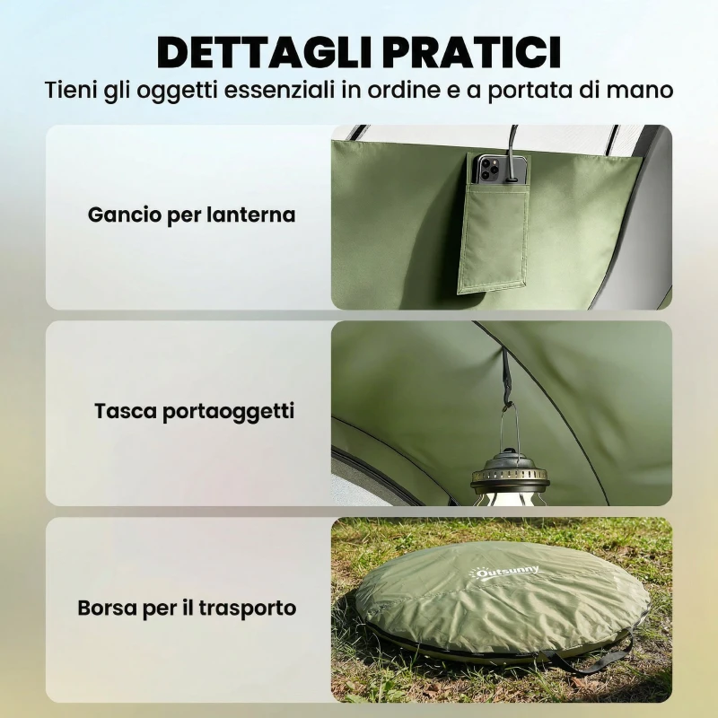Outsunny Tenda da Campeggio Pop-Up per 2-3 Persone, 2 Porte, 2 Finestre, Impermeabile, Verde