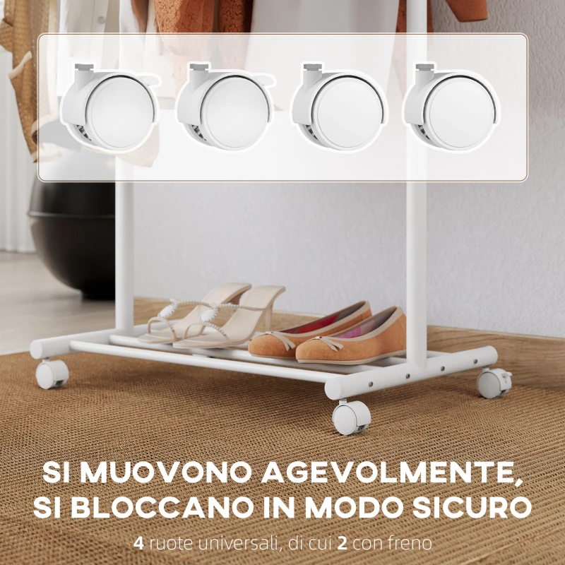 HOMCOM Stender Appendiabiti da Terra con Ruote, 5 Ganci e Ripiano Inferiore Porta Scarpe, Bianco
