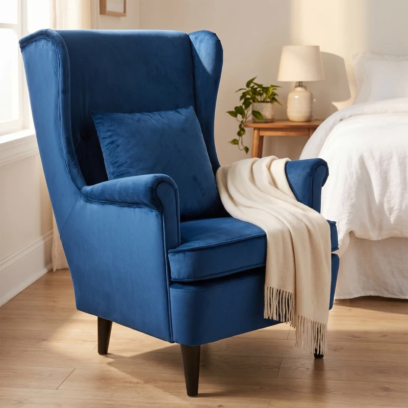 HOMCOM Modern Accent Chair with High Backrest and Pillow, Velvet-Feel Fabric Reading Chair with Solid Wood Legs, Blue