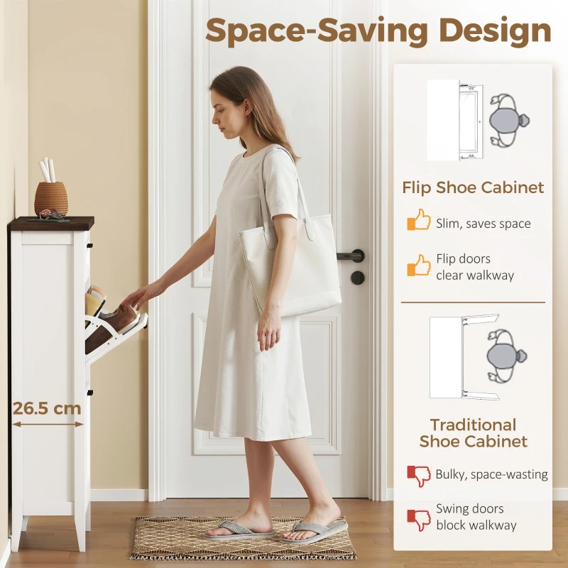 HOMCOM Shoe Cabinet with 2 Flip Drawers, Farmhouse Narrow Shoe Storage Cabinet with Adjustable Shelves, White