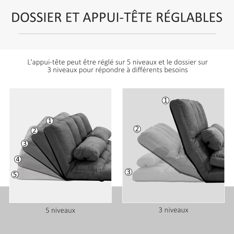 HOMCOM Chauffeuse matelas d'appoint pliant convertible - inclinaison dossier réglable 14 positions - 2 coussins inclus, gris