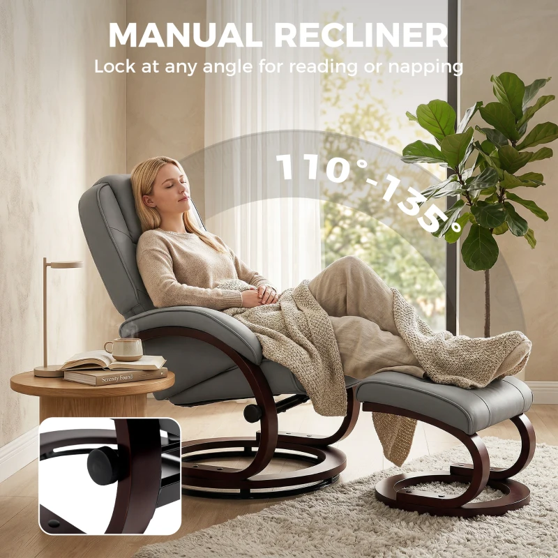 HOMCOM Swivel Recliner Chair with Footstool, PU Leather Recliner Armchair with Adjustable Back and Wood Frame, Grey