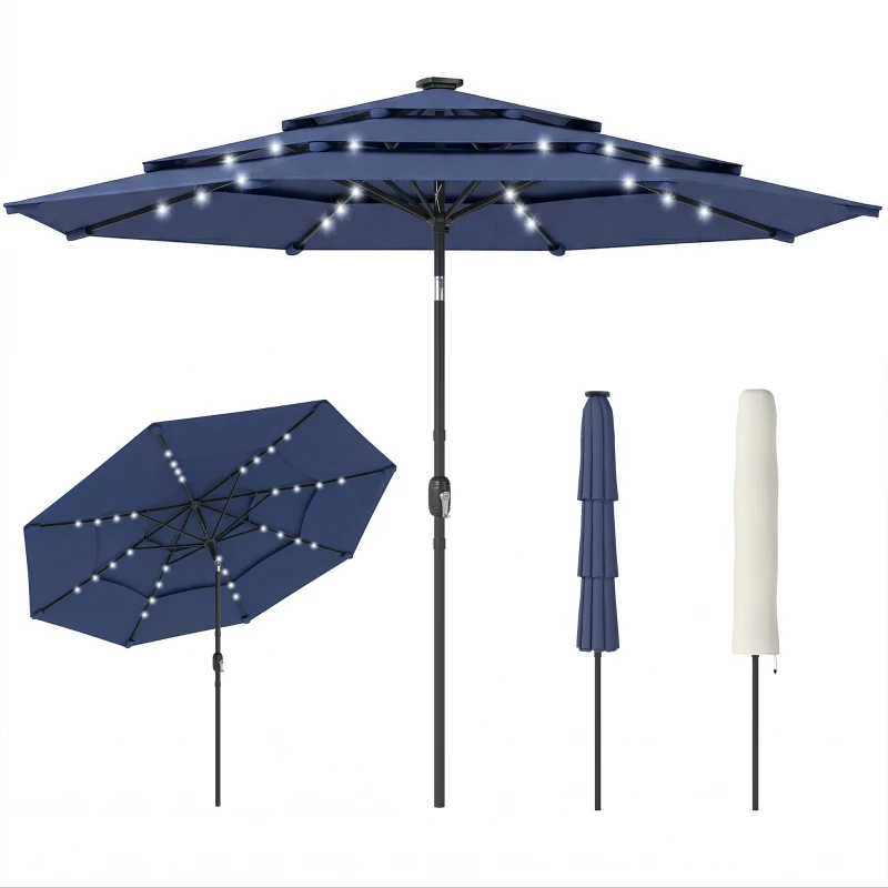 Outsunny 2.8 m Garden Parasol Umbrella with LED Solar Light, Parasol Cover, 3 Tier Outdoor Table Market Patio Umbrella, Navy Blue