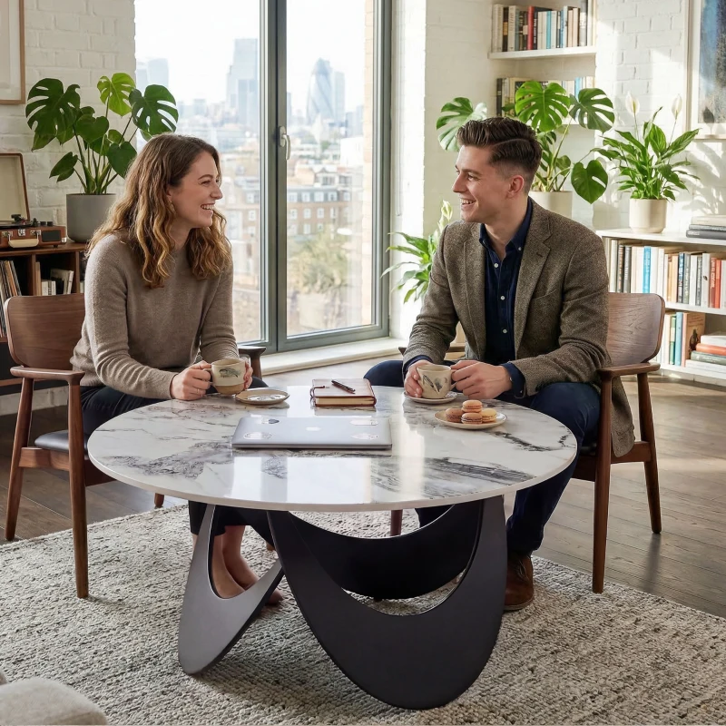 HOMCOM Coffee Table Sintered Stone Top Adjustable Foot Pads Modern Centre Table for Living Room White and Black