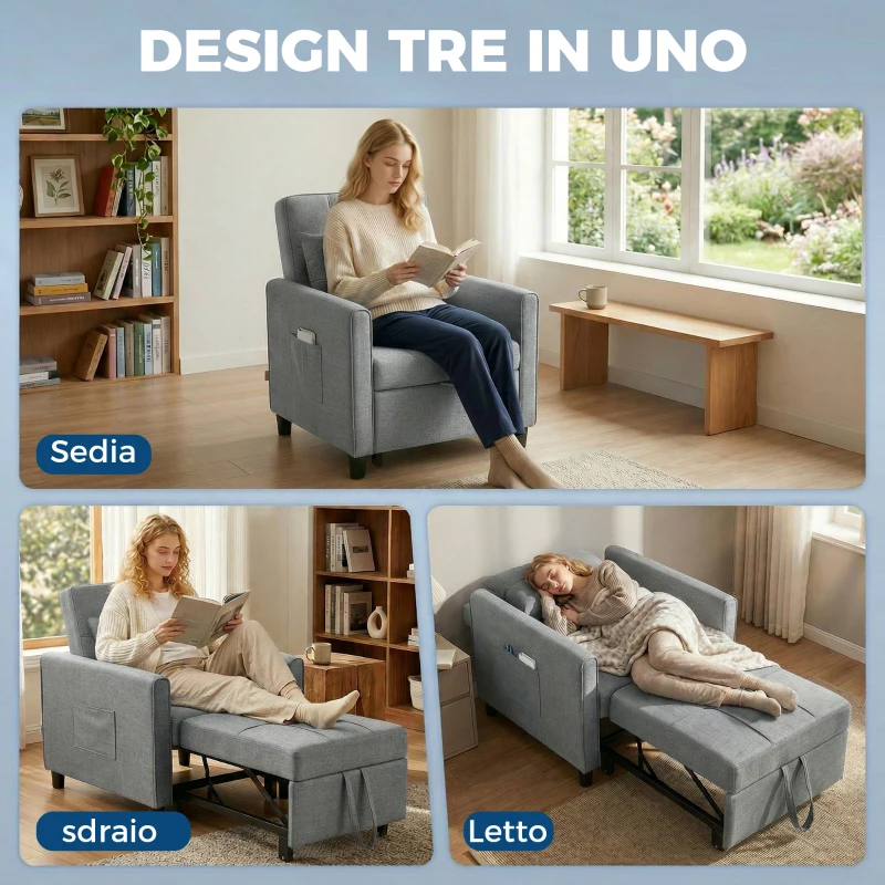 HOMCOM Divano Letto Pieghevole Convertibile con Schienale Regolabile e Cuscino, Grigio