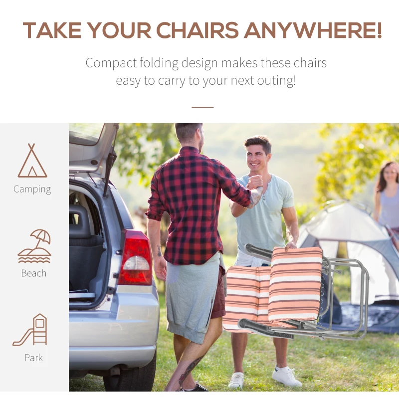 Outsunny Set of 2 Garden Sun Lounger Outdoor Reclining Seat Cushioned Seat Foldable Adjustable Recliner, Orange and White