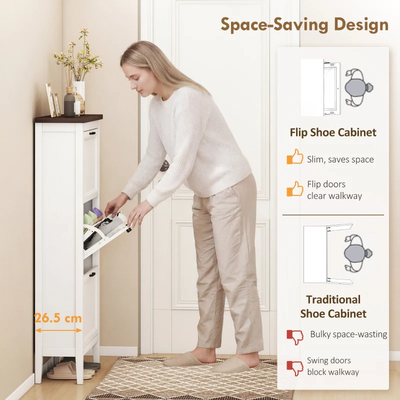 HOMCOM Shoe Cabinet with 3 Flip Drawers, Farmhouse Narrow Shoe Storage Cabinet with Adjustable Shelves, White
