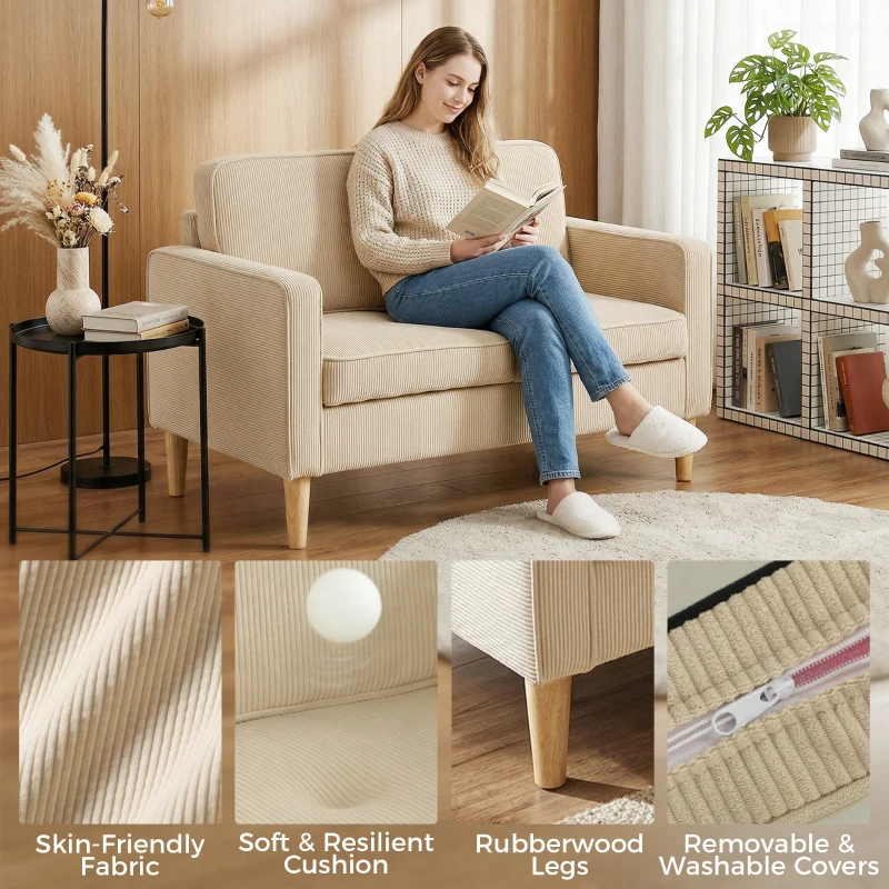 HOMCOM Sofa 2-osobowa z 2 poduszkami, schowkiem, na drewnianych nogach, mała, nowoczesna, sztruksowa, 117 x 63 x 79 cm, beżowa