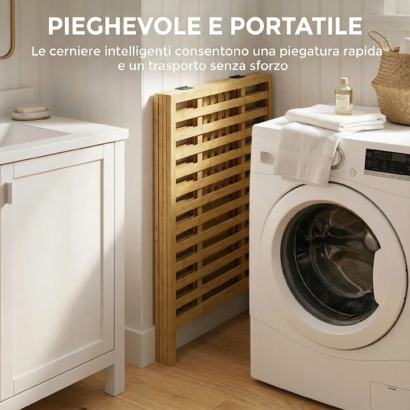 HOMCOM Cesto Portabiancheria in Bambù 64L con Coperchio, 2 Sacche in Tessuto Oxford Rimovibili e Lavabili, Color Legno