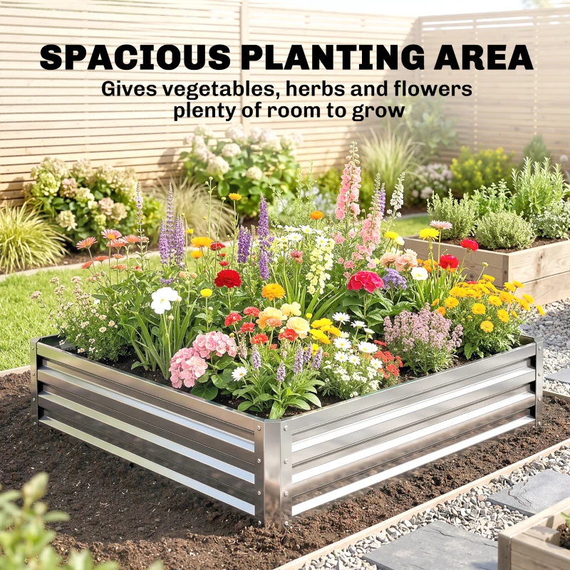 Outsunny Square Raised Garden Bed Box with Weatherized Steel Frame for Vegetables, Flowers, & Herbs, 120 x 120 x 30cm, Silver Tone