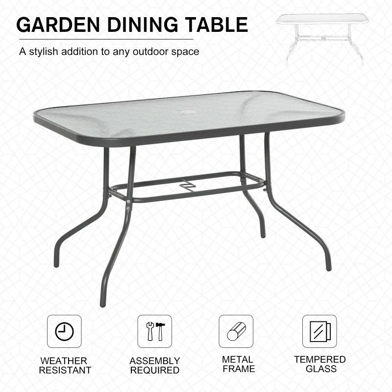 Outsunny Outdoor Garden Dining Table with Glass Top, Metal Frame Table with Parasol Hole for Backyard, Balcony, 120L x 80Wcm, Grey