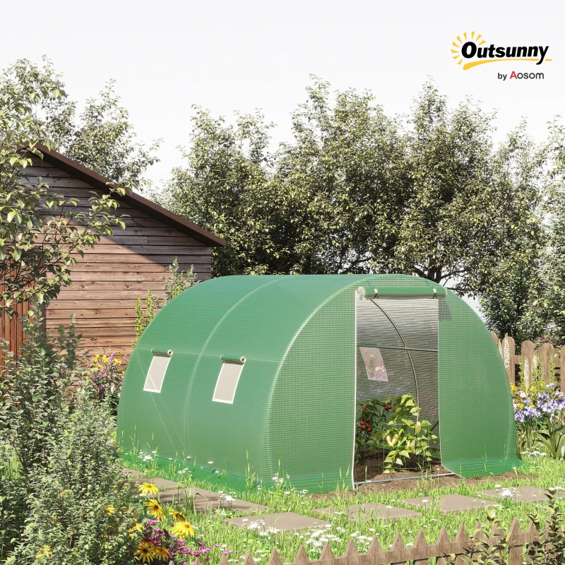 Outsunny Tunnel garden greenhouse 9 m² 4 windows, roll-up zippered door galvanized steel frame, PE cover 300 x 300 x 200 cm green