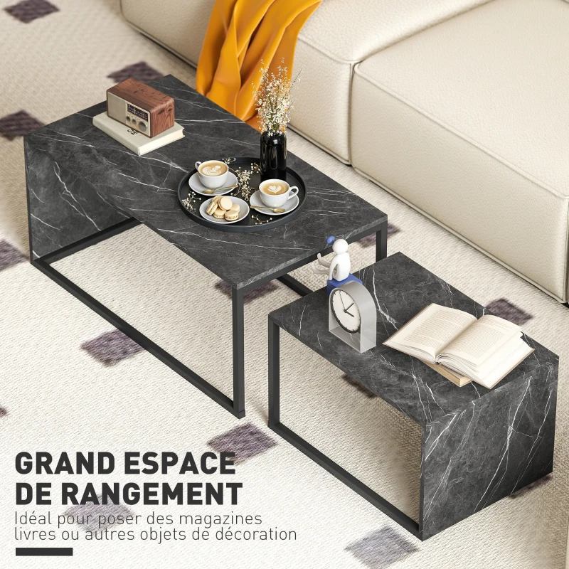 HOMCOM Lot de 2 tables basses gigognes design industriel encastrable en métal noir et effet marbre gris foncé