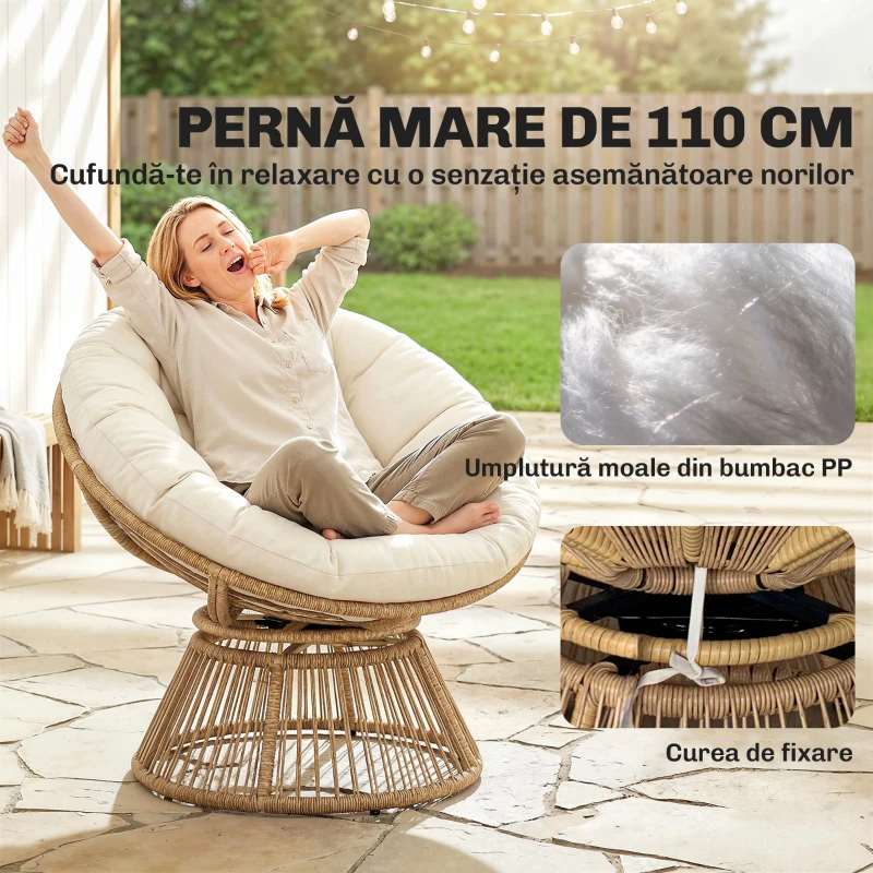 Outsunny Fotoliu Papasan Rotativ 360° Moon Chair cu Pernă pentru Interior/Exterior, Crem Alb
