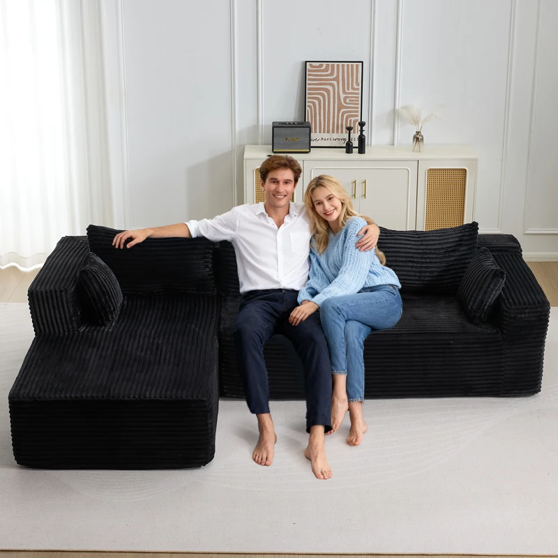 Kompressions-Sofagarnitur mit bequemer Chaiselongue, knochenloses L-förmiges Sofa mit tiefem Sitz, minimalistische modulare Sofas zum Schlafen für Wohnzimmer, Schlafzimmer, Apartment, Lounge, Cord, Schwarz