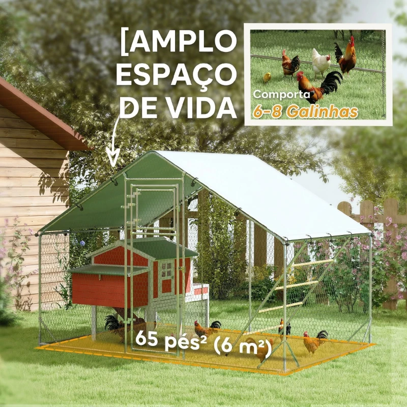 PawHut Galinheiro para Exterior 3x2 m Galinheiro de Aço Galvanizado com Comedouro Suspenso Tipo Espeto Poleiro Anti-UV Prata