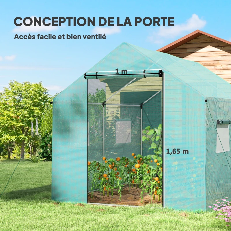 Outsunny Serre de jardin tunnel 2 x 3m, 6m² avec porte enroulable, 4 fenêtres, - Acier galvanisé PE Haute densité Vert