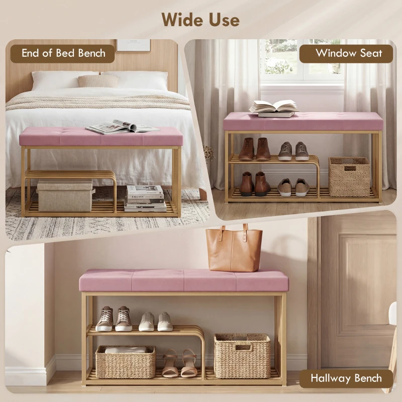 HOMCOM Bench and Shoe Storage, Tufted Shoe Storage Bench with Velvet Seat Cushion Gold Steel Frame for Entryway, Pink