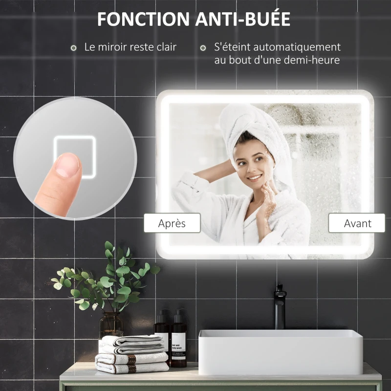 HOMCOM Miroir de salle de bain rectangulaire LED fonction anti-buée luminosité réglable fonction mémoire 70 x 90 cm argent